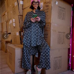 Dressed in LALA black satin smiley face Current Mood 90s satin wide leg pants XL